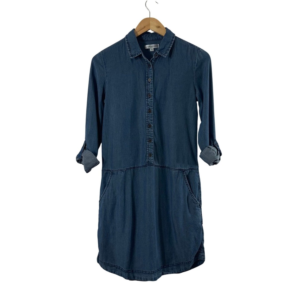 Downeast Blue Denim Chambray Shirt Dress XS Long Roll‎ Tab Sleeve Pockets Mini